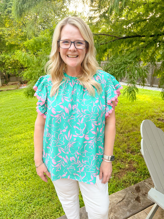 Aqua Print Flutter Top
