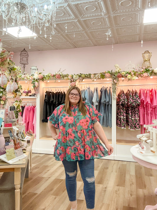 Teal Tania Flower Blouse