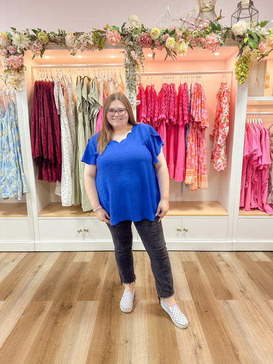 Royal Blues Scallop Trim Sleeve Top