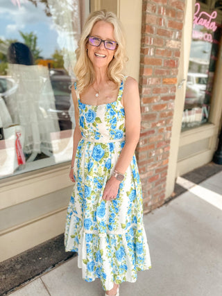 Blue Garden Party Midi Dress - Olivia Frank & Co.