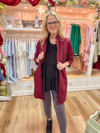 Wine Jacquard Coat - Olivia Frank & Co.